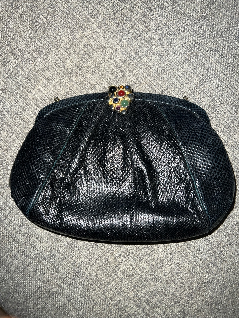Vintage Judith Lieber Black Lizard Clutch with Multistone Kiss-Lock GUC